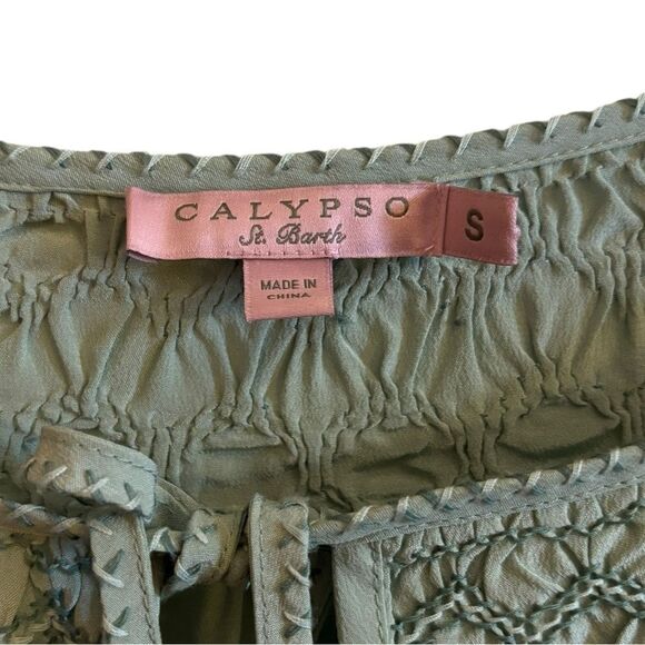 Calypso St. Barth Dadra Sage Silk Green Embroidered Elegant Embroidered Dress S - Picture 7 of 9